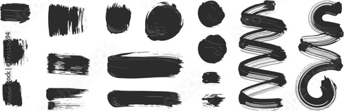 Black paint brush strokes collection, abstract grunge ink smears and textured dry brush marks isolated on white background