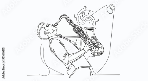 Modern continuous line art drawing of a musician playing a saxophone. Minimalist illustration of a music performance.