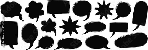 Black speech bubble collection, hand drawn comic dialog clouds and chat boxes isolated on white background vector illustration set