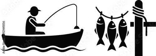 A man fishing in a boat with a string of caught fish