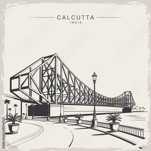 Calcutta India Howrah Bridge illustration, vintage architectural landmark sketch of Kolkata riverside promenade with iconic steel truss structure artwork