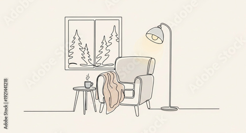 Cozy armchair with blanket near window and lamp.