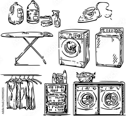 Hand-drawn Illustration Set of Essential Laundry Equipment and Supplies, featuring Washing Machines, Ironing Board, Detergents, and Clothes Storage for Household Chores