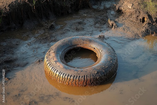 Discarded rubber tire half submerged in muddy water on a worn muddy bank, reflecting late sunlight and evoking neglect and environmental pollution