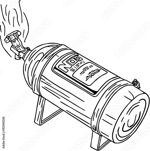 Nitrous oxide bottle with flame originating from the valve, illustrating a potent gas cylinder used for performance enhancement