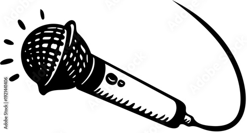 Monochrome illustration of a classic microphone with radiating light, symbolizing live performance, public speaking, vocal recording, broadcast, and dynamic communication themes