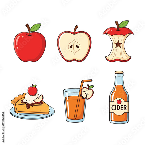 Breakfast Fruit & Cider Trio – Apple Slice, Pancakes & Draft Cider Vector Illustration

