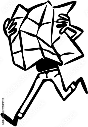 Energetic cartoon figure running with a large, disorienting map obscuring their view, symbolizing challenges in navigation, finding direction, or being lost in thought