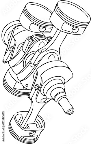 Detailed line art illustration of a powerful internal combustion engine's crankshaft assembly, showcasing pistons and connecting rods in motion for automotive engineering concepts