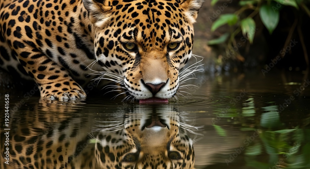 Obraz premium Jaguar drinking water closeup portrait wildlife animal nature reflection