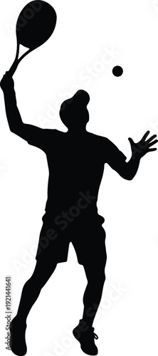 Silhouette of a male tennis player serving the ball isolated on white background