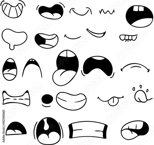 Expressive Hand-Drawn Cartoon Facial Features Set A Collection of Dynamic Mouths and Eyes Portraying a Wide Range of Emotions and Vocalizations for Character Design