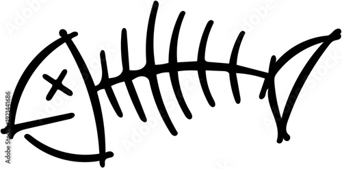 Stylized hand-drawn fish skeleton doodle in black ink, depicting a simple graphic representation of a fishbone, symbolizing the end of life or a consumed state