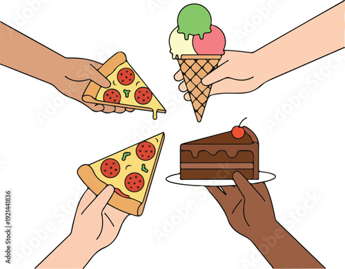 No Diet Day Cake Slice Pizza Ice Cream Body Positivity Breaking Scale Vector Illustration with Self Love and Health Concept