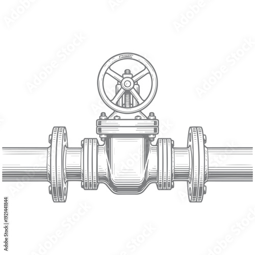 Industrial Gate Valve on Pipe Line Art Drawing