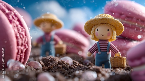 Miniatur-Bauernfiguren arbeiten inmitten riesiger Macarons in einer Süßigkeiten-Fantasiewelt