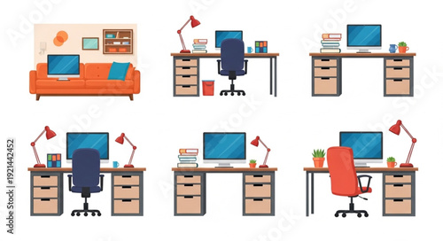 Office Workspaces and Furniture Illustrations.