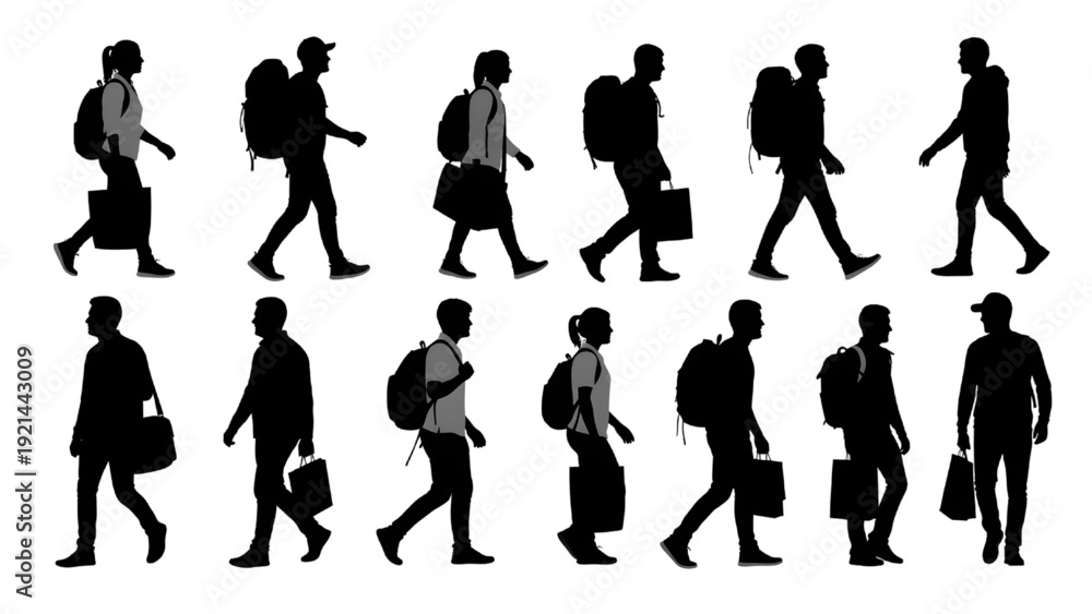 Fototapeta premium Casual Walking People Silhouette Vector Pack – Bags and Backpacks Side View