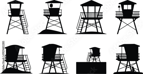 Wooden Lifeguard Stand Silhouette Icon Vector Coastal Lifeguard Tower Safety Icon Set