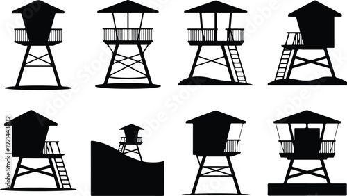 Wooden Lifeguard Stand Silhouette Icon Vector Coastal Lifeguard Tower Safety Icon Set