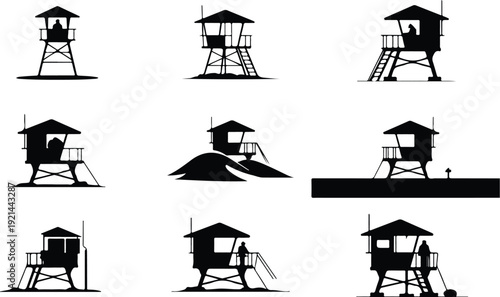 Wooden Lifeguard Stand Silhouette Icon Vector Coastal Lifeguard Tower Safety Icon Set