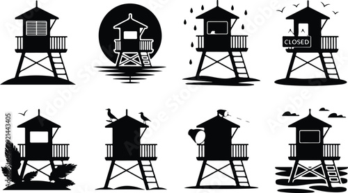 Wooden Lifeguard Stand Silhouette Icon Vector Coastal Lifeguard Tower Safety Icon Set