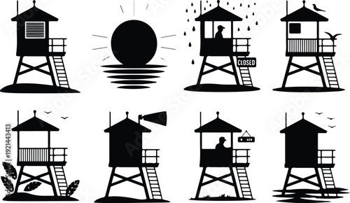 Wooden Lifeguard Stand Silhouette Icon Vector Coastal Lifeguard Tower Safety Icon Set
