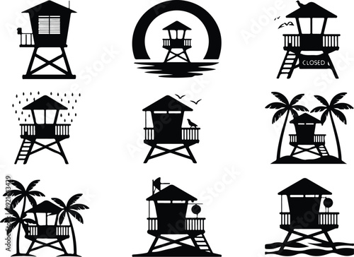 Wooden Lifeguard Stand Silhouette Icon Vector Coastal Lifeguard Tower Safety Icon Set
