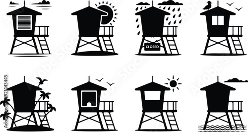 Wooden Lifeguard Stand Silhouette Icon Vector Coastal Lifeguard Tower Safety Icon Set