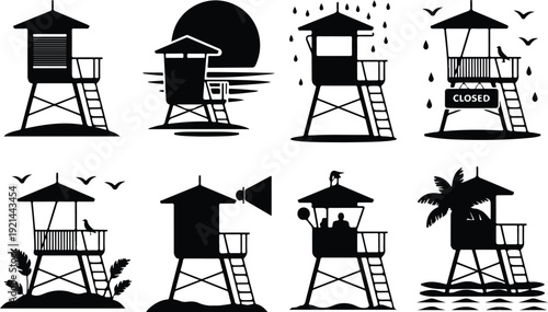 Wooden Lifeguard Stand Silhouette Icon Vector Coastal Lifeguard Tower Safety Icon Set