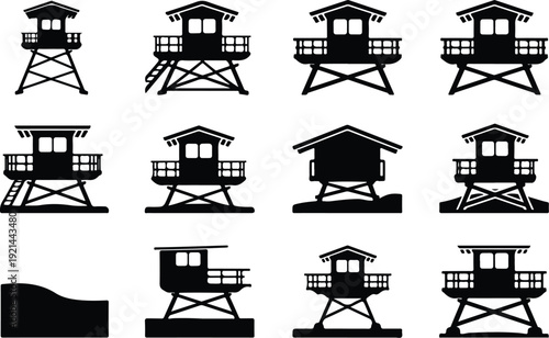 Wooden Lifeguard Stand Silhouette Icon Vector Coastal Lifeguard Tower Safety Icon Set