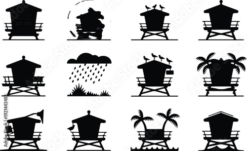 Wooden Lifeguard Stand Silhouette Icon Vector Coastal Lifeguard Tower Safety Icon Set