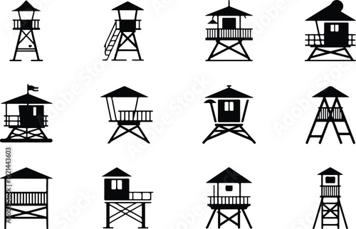 Wooden Lifeguard Stand Silhouette Icon Vector Coastal Lifeguard Tower Safety Icon Set