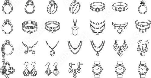 Minimalist jewelry and watch icon set featuring diamond engagement rings elegant necklaces drop earrings and luxury wristwatches line art vector
