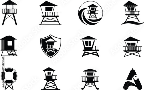 Wooden Lifeguard Stand Silhouette Icon Vector Coastal Lifeguard Tower Safety Icon Set