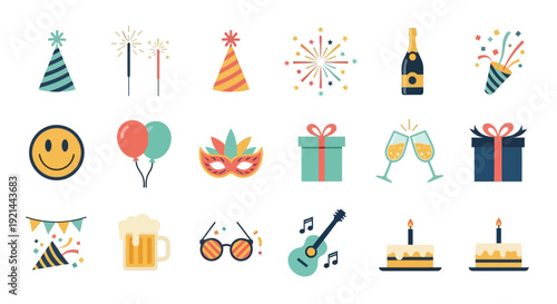 Colorful party icons depicting celebrations gifts and festive elements