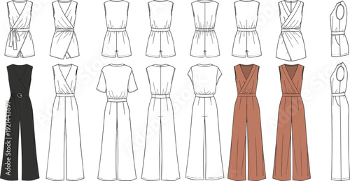 Women fashion jumpsuit and romper flat sketches set featuring sleeveless wrap designs short rompers and long trousers for apparel tech pack vector