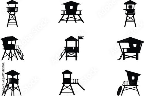 Wooden Lifeguard Stand Silhouette Icon Vector Coastal Lifeguard Tower Safety Icon Set