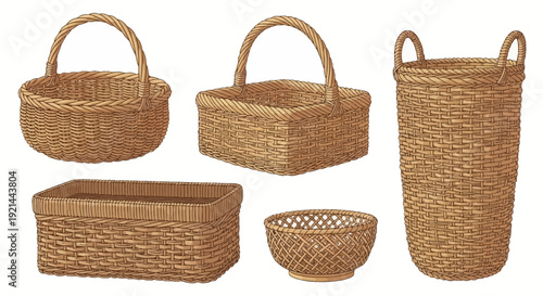 Assorted wicker baskets in various shapes and sizes isolated on white