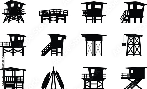 Wooden Lifeguard Stand Silhouette Icon Vector Coastal Lifeguard Tower Safety Icon Set