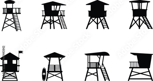 Wooden Lifeguard Stand Silhouette Icon Vector Coastal Lifeguard Tower Safety Icon Set