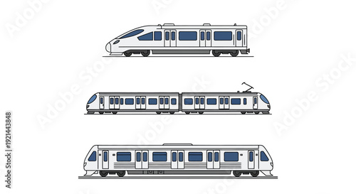 Illustrative depiction of three modern high speed passenger trains in profile