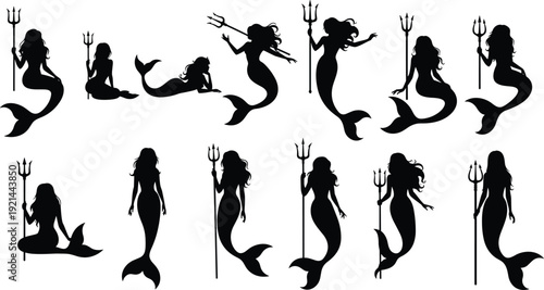 Black mermaid silhouettes set with trident, mythical sea creature stencils, ocean queen icons, aquatic goddess vector illustrations for fantasy design projects