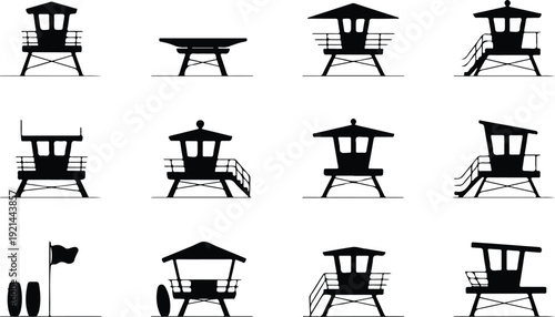 Wooden Lifeguard Stand Silhouette Icon Vector Coastal Lifeguard Tower Safety Icon Set