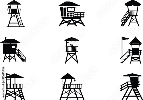 Wooden Lifeguard Stand Silhouette Icon Vector Coastal Lifeguard Tower Safety Icon Set
