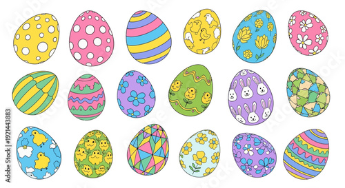A collection of diverse, decorated eggs displayed on a plain background from a direct viewpoint, showcasing various patterns and colors, File reference Whisk