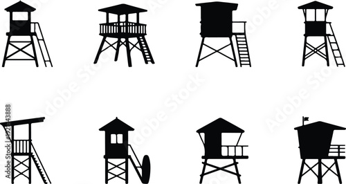 Wooden Lifeguard Stand Silhouette Icon Vector Coastal Lifeguard Tower Safety Icon Set