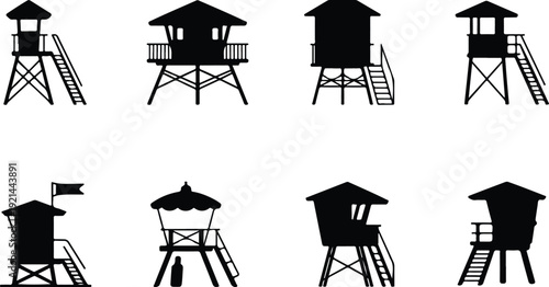 Wooden Lifeguard Stand Silhouette Icon Vector Coastal Lifeguard Tower Safety Icon Set