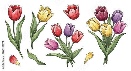 Vibrant tulips arranged in various bouquets and single stems, showcasing a colorful floral display from a straightforward viewpoint.