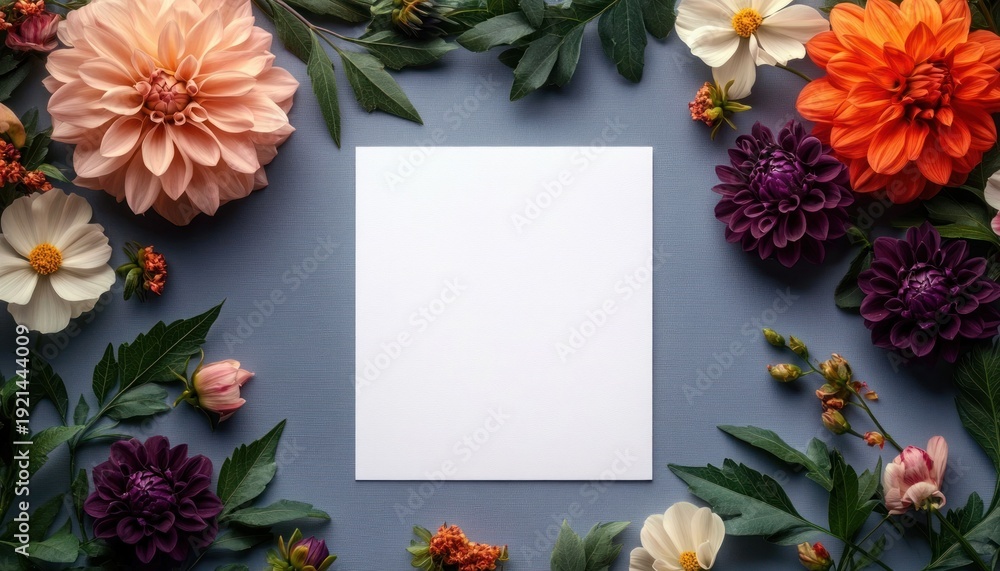 Fototapeta premium blank white square card on blue-gray background surrounded by peach, orange, purple and cream dahlias, cosmos, buds and green leaves, elegant and serene floral flat lay